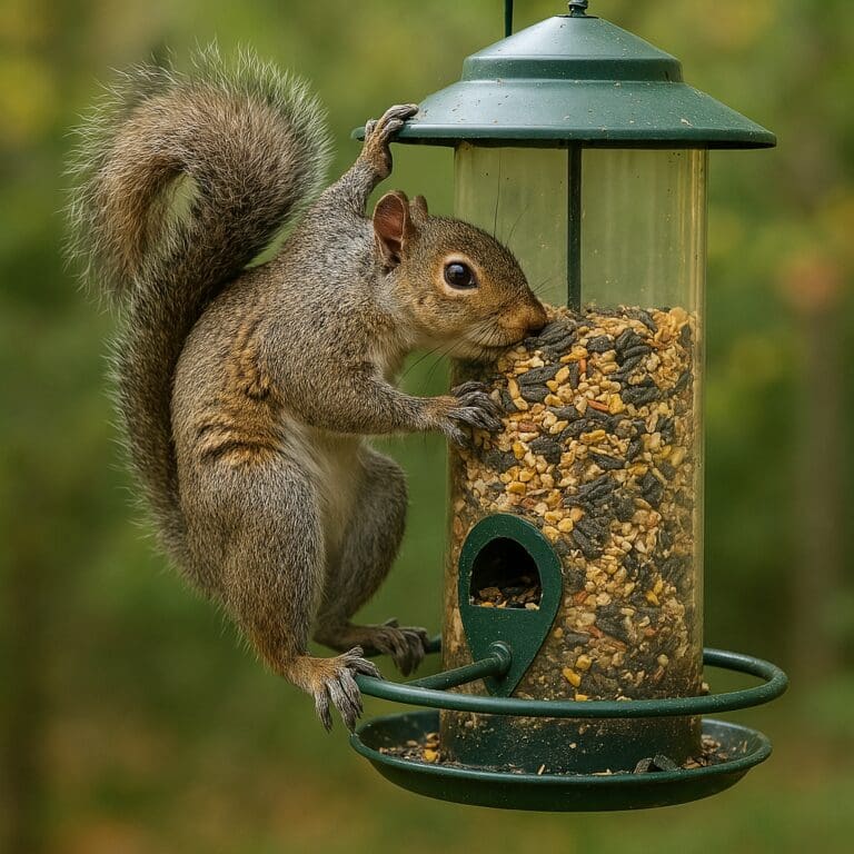 a squirrel eating bird feed from a bird feeder